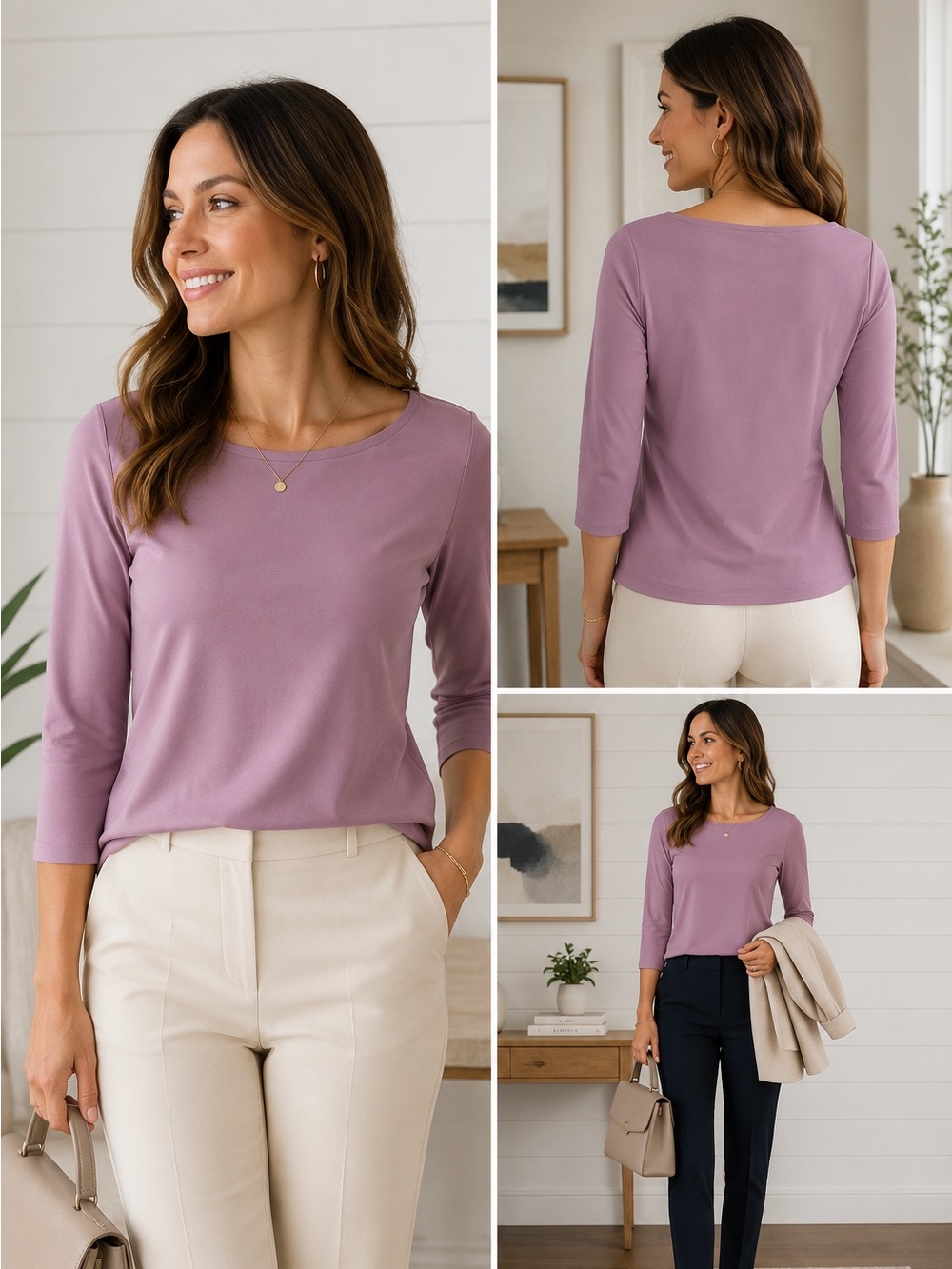 RW&CO Mauve 3/4 Sleeve Boatneck Top - L